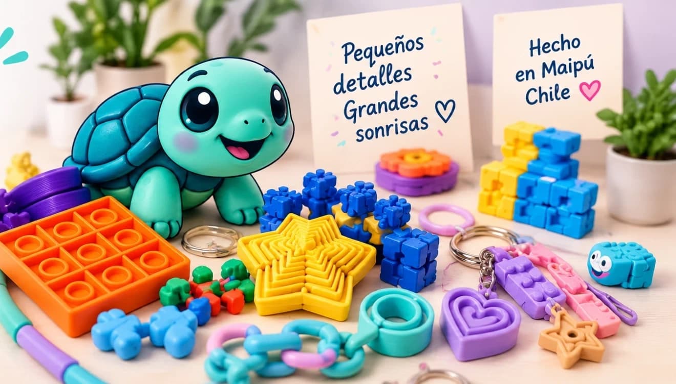 Tortuga mascota Sensi junto a fidgets, llaveros y piezas impresas en 3D de SensiPlayTime sobre una mesa